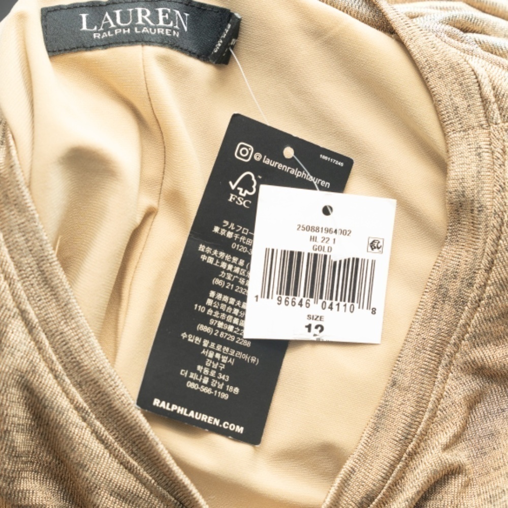 LAUREN RALPH‎ LAUREN. Gold shirred long sleeve dress. - Picture 7 of 14